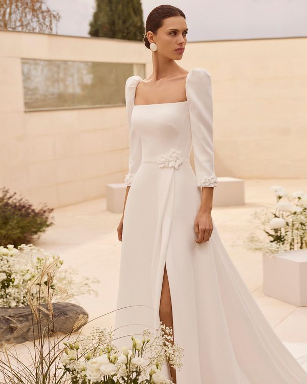 NAGEL - Vestido de novia línea A en crepé elástico con escote cuadrado, espalda corset con cut out, manga abullonada larga,... 1