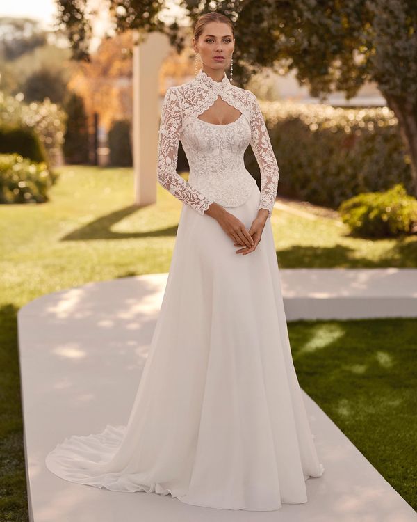 NAWEL - Three-piece wedding dress with sweetheart neckline, beaded lace bodice, georgette A-line skirt, corset closure and... 1