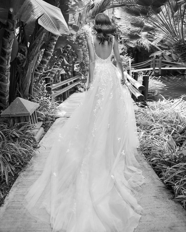 HERME - Vestido de novia de estilo romántico de corte A, confeccionado íntegramente en tul con aplicaciones de encaje y cap... 1